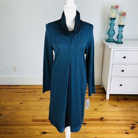 Whyci Milano Teal Lana Wool Knit Sweater Dress EU 44 US L Cowl NEW - Picture 1 of 12